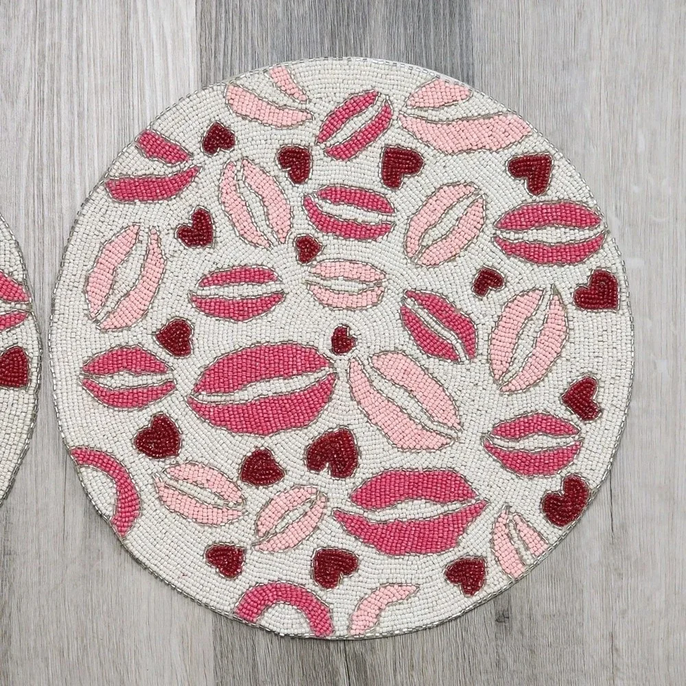 Valentines Day Pink Red‎ Lips Heart Beaded Placemat Charger Placemats 2 Pc 15